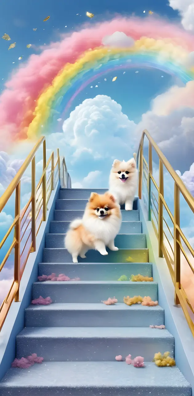 dogs sitting on a staircase