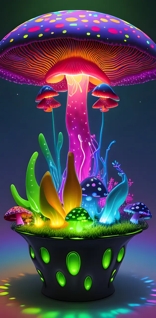 Trippy mushroom planter, green grass, neon colored