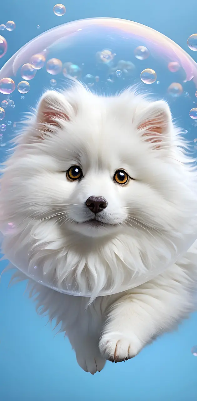 a white fluffy dog with bubbles