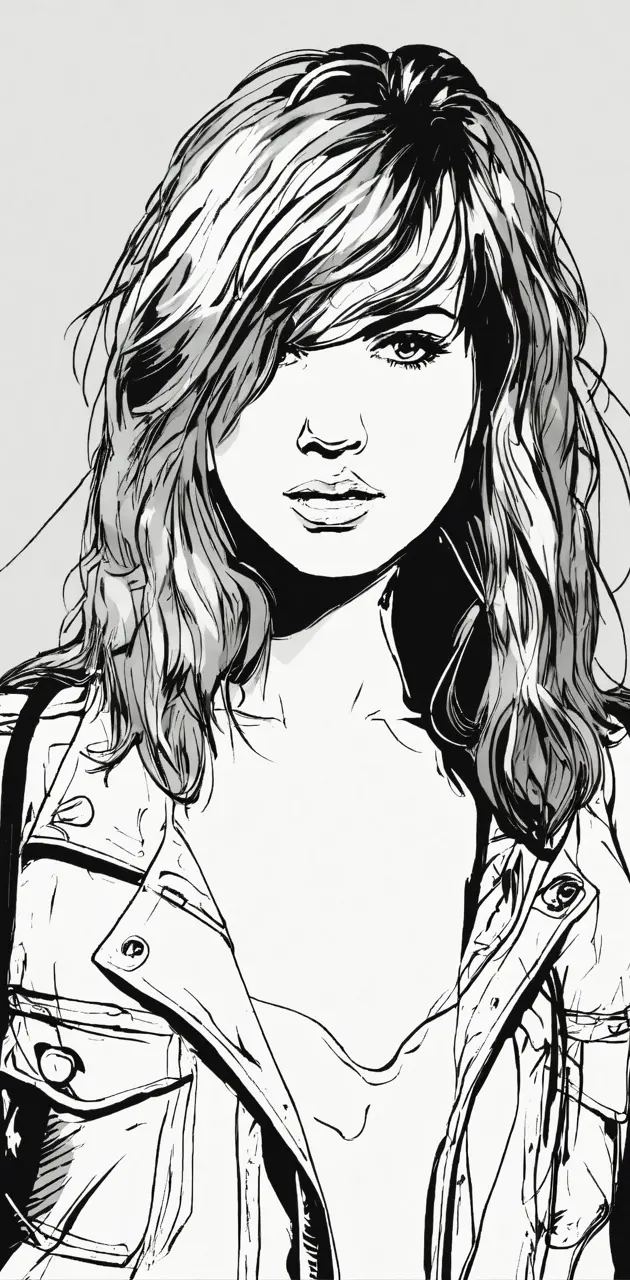 black and white drawing of a person with long hair