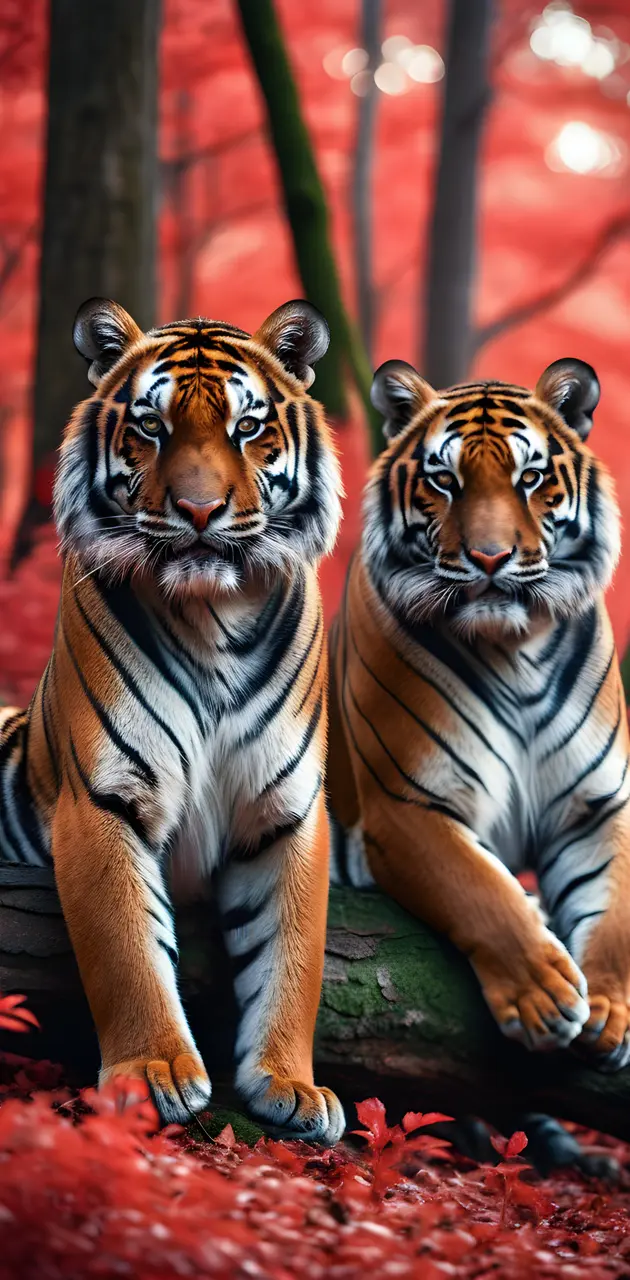 a couple of tigers in a forest
