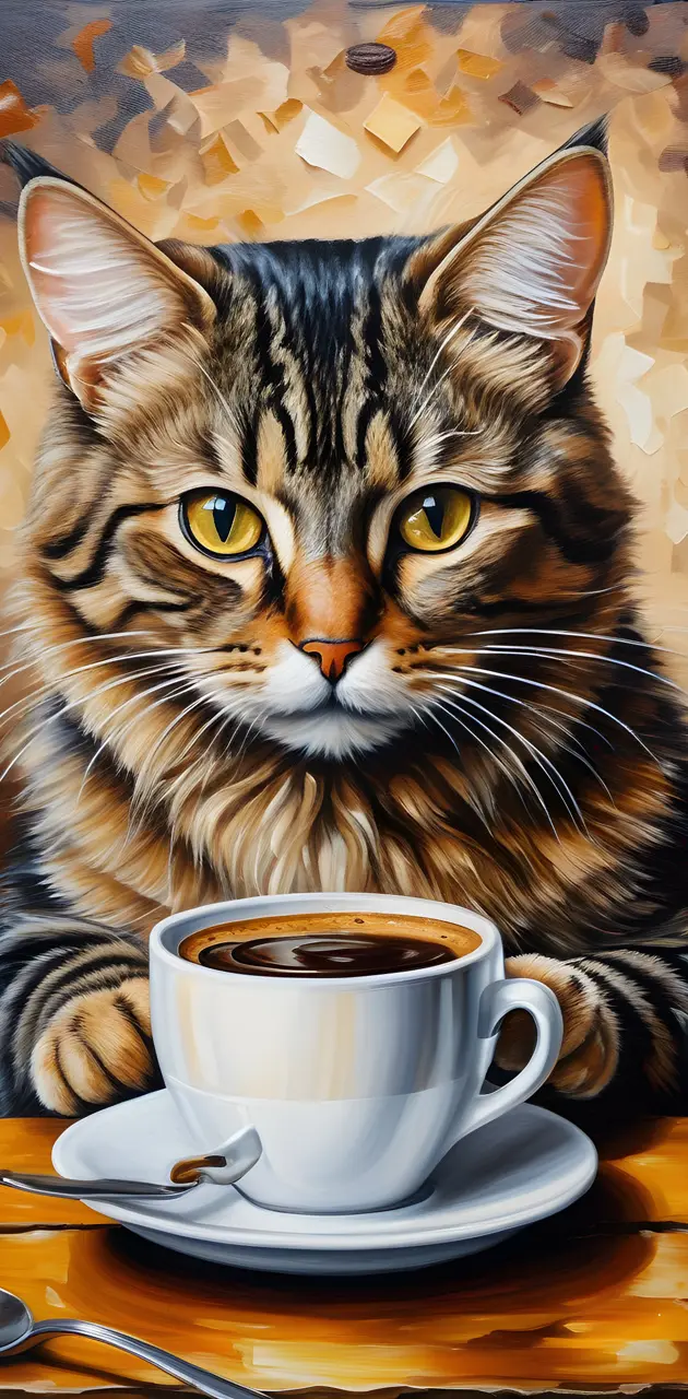 a cat sitting next to a cup of coffee