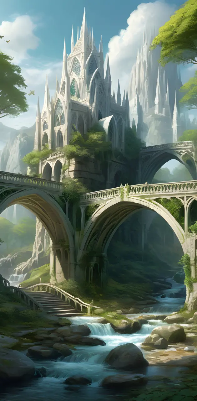 Painting of Rivendell, Lord of the Rings, fantasy elven city