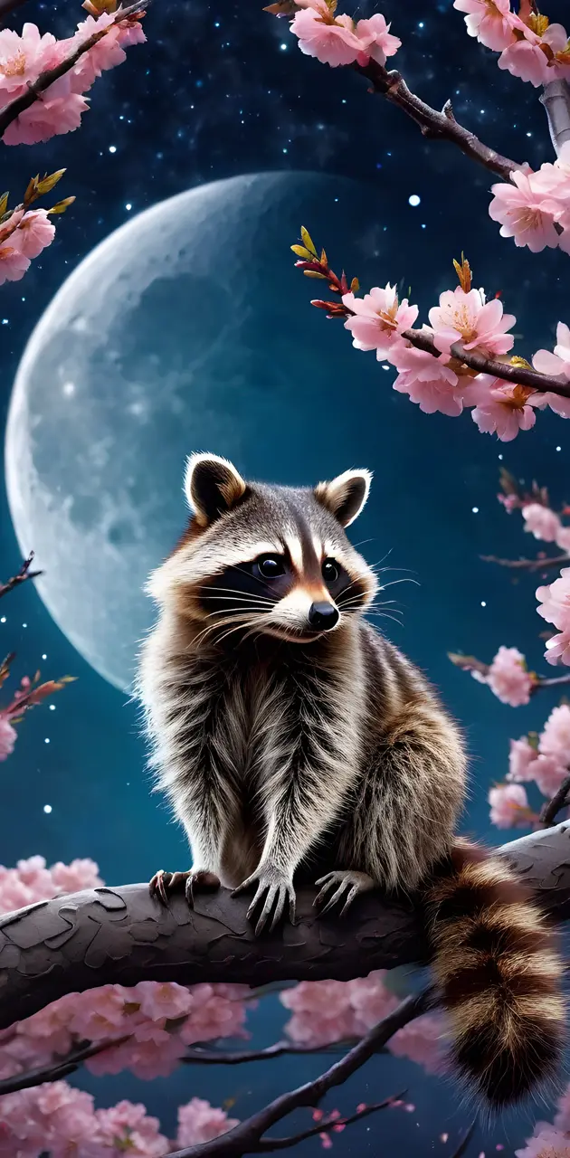 racoon in cherry blossom forest