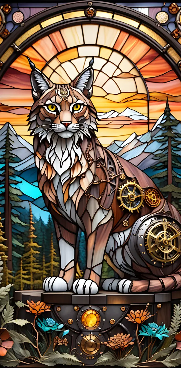 stained glass steampunk lynx