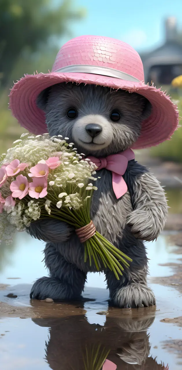 a dog wearing a hat and holding flowers