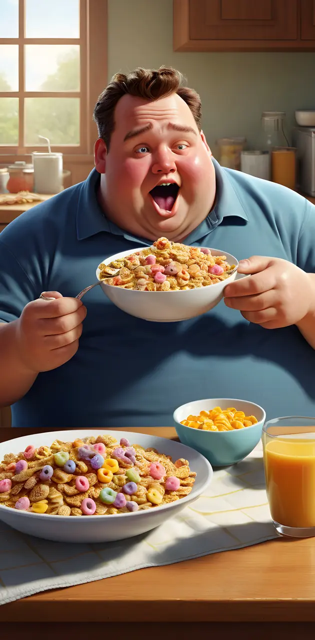 fat guy eating cereal