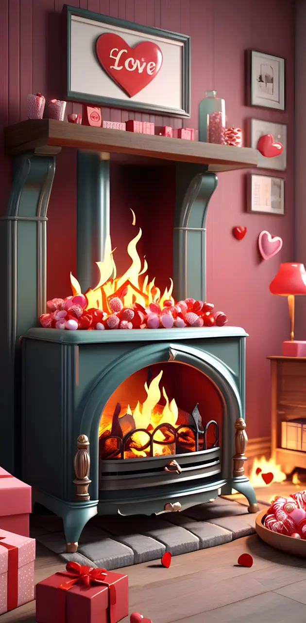 Cozy Valentine Kitchen Stove with Hygge Fire