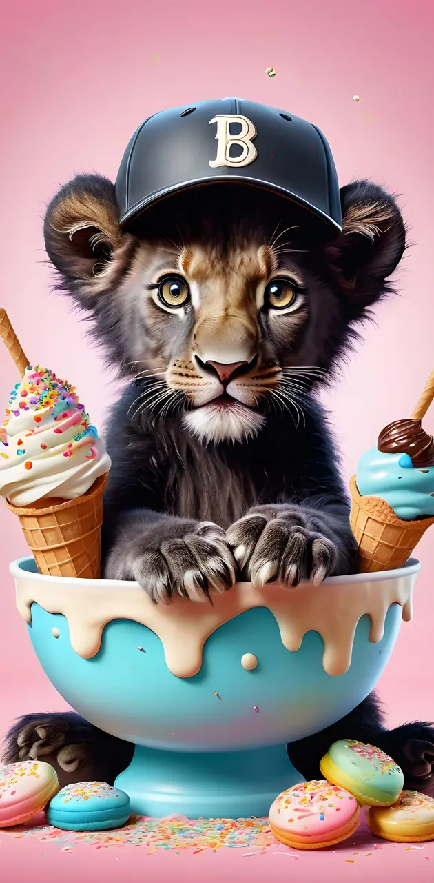 a tiger wearing a hat and holding a bowl of ice cream