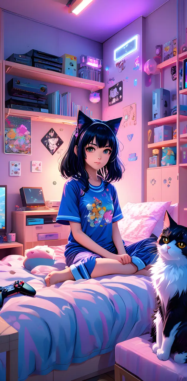 Anime Gamer Girl with Cat