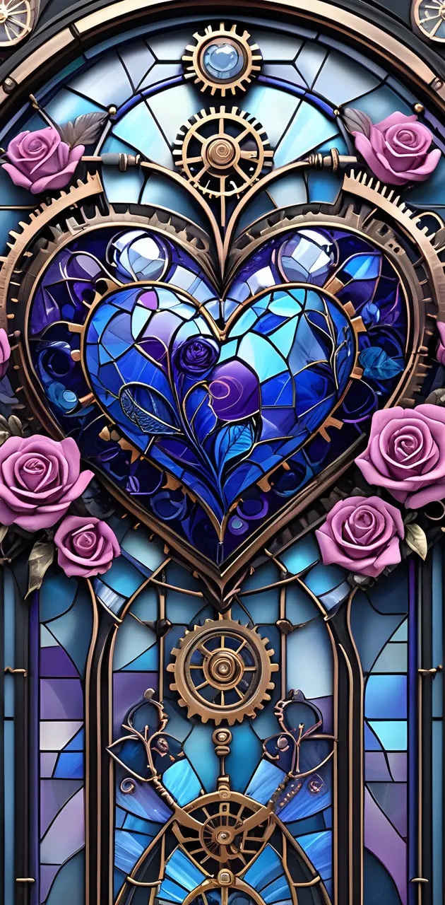 steampunk blue glass heart & roses