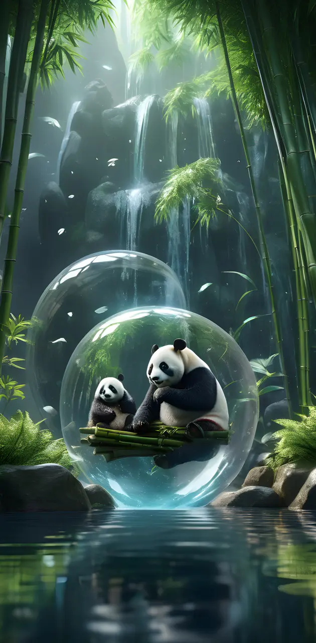 a group of pandas in a glass enclosure with plants and water