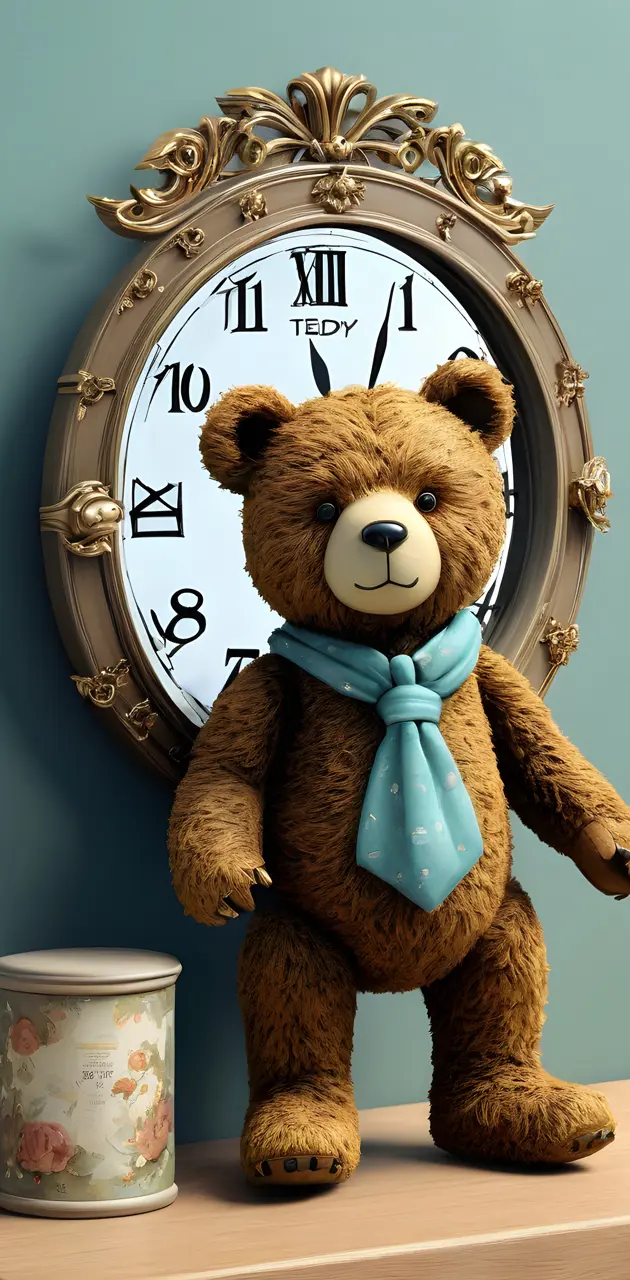 a teddy bear next to a clock