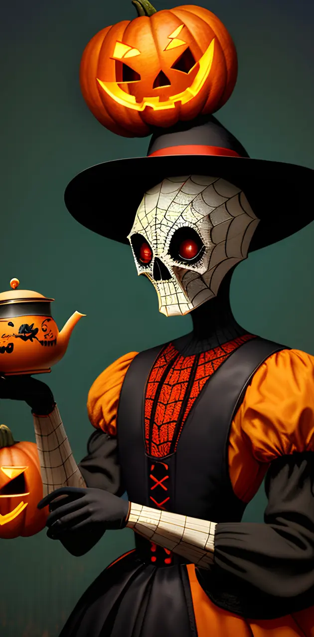 Fierce Spiderweb Skeleton Housewife Serving Tea Well-Dressed Halloween