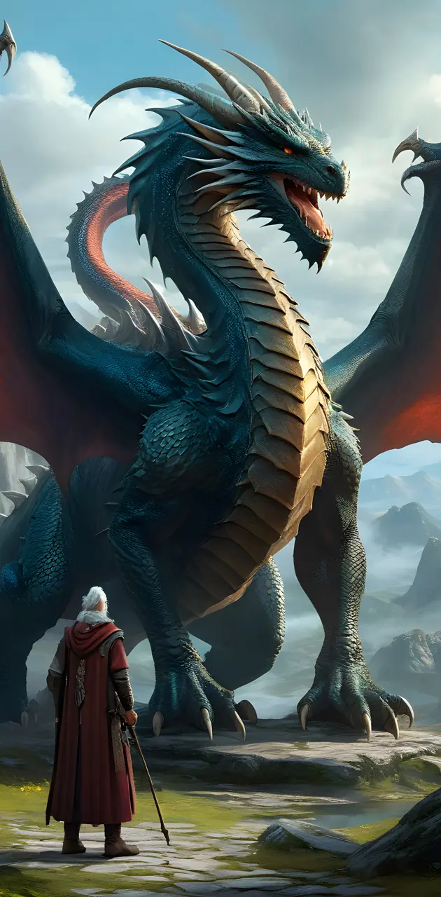 a person standing next to a dragon