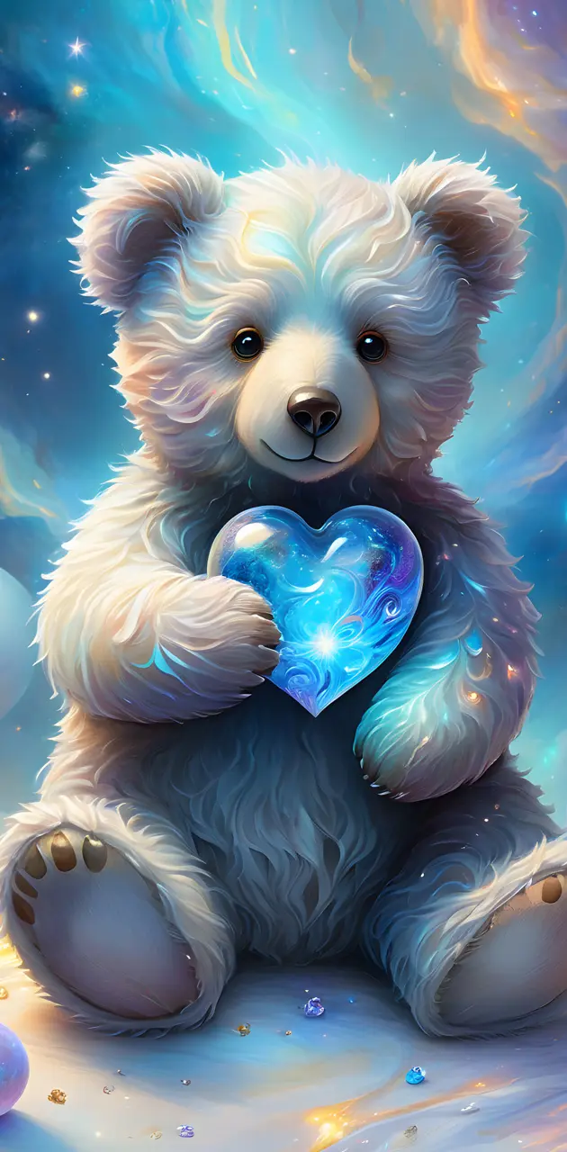 a dog holding a blue heart