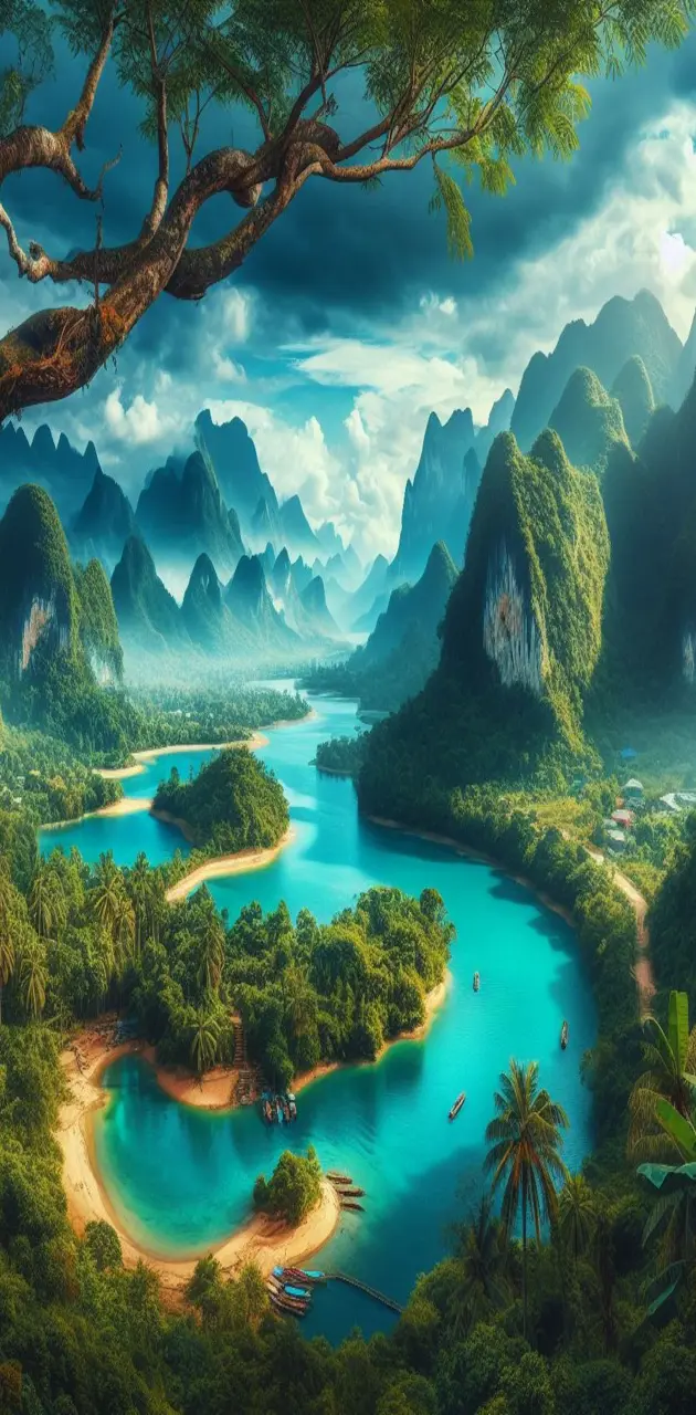 A beautiful view of nature in Asia with green and blue rivers and moun