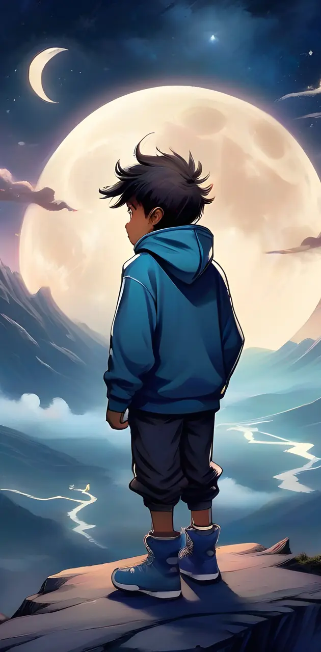a child standing on a rock looking at the moon