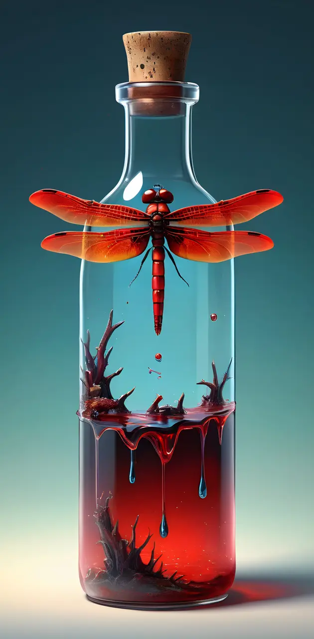 a glass vase with a red dragonfly