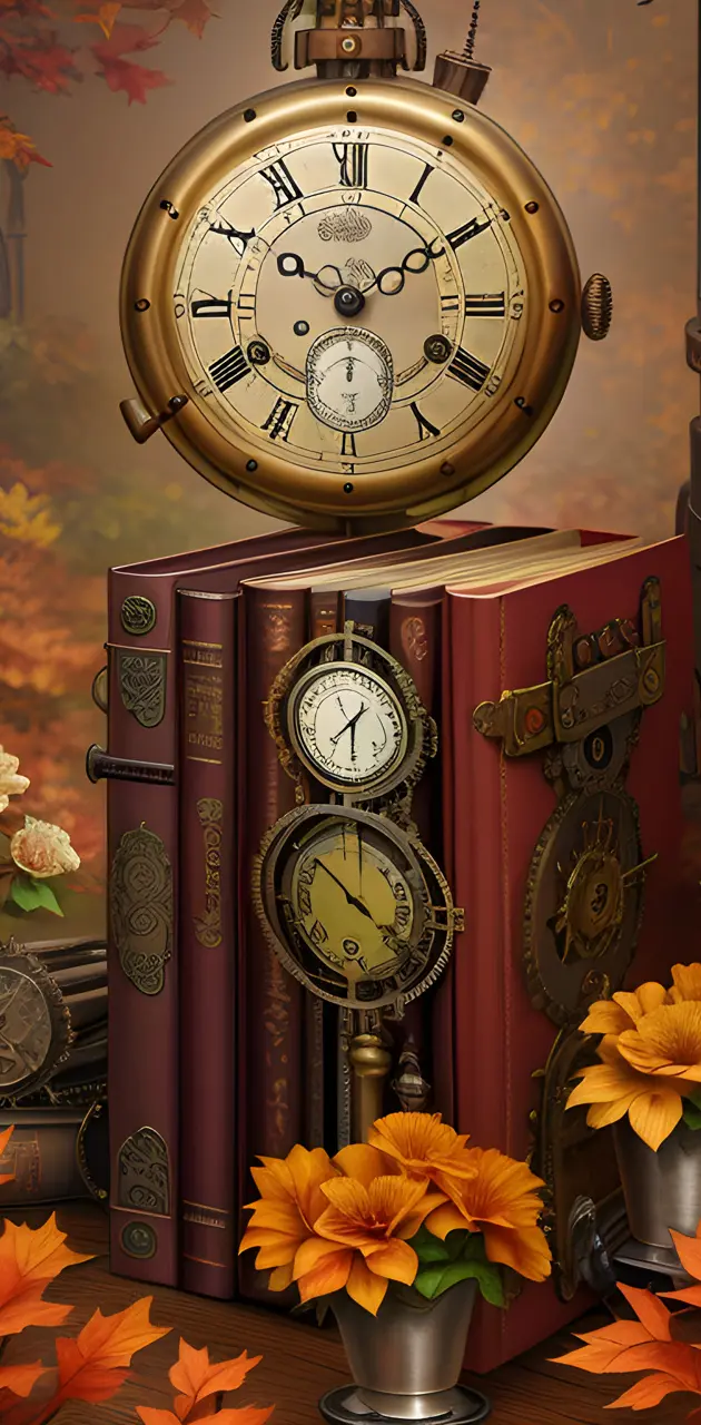 Steampunk Vintage Library Books and Clock Nostalgia Autumn