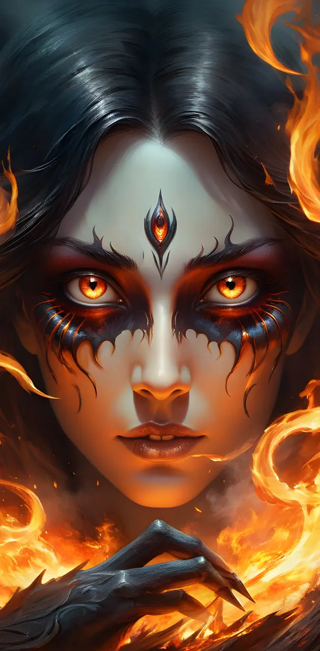 Wicked eyes, peering through flames