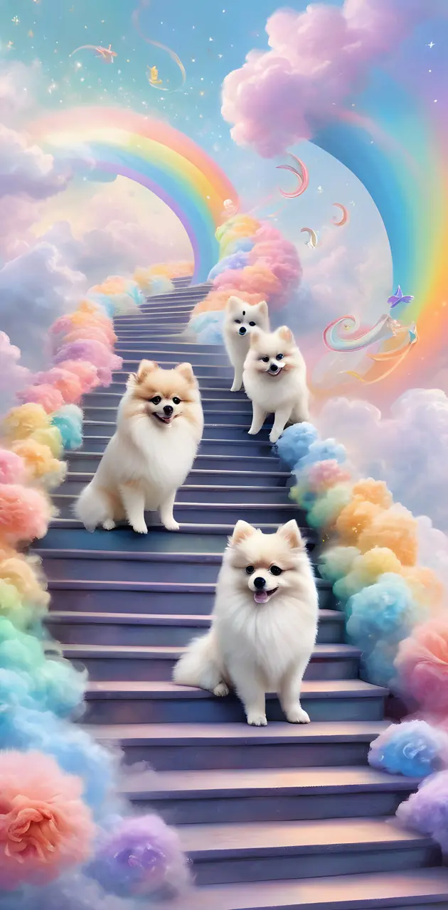 a group of dogs on a staircase