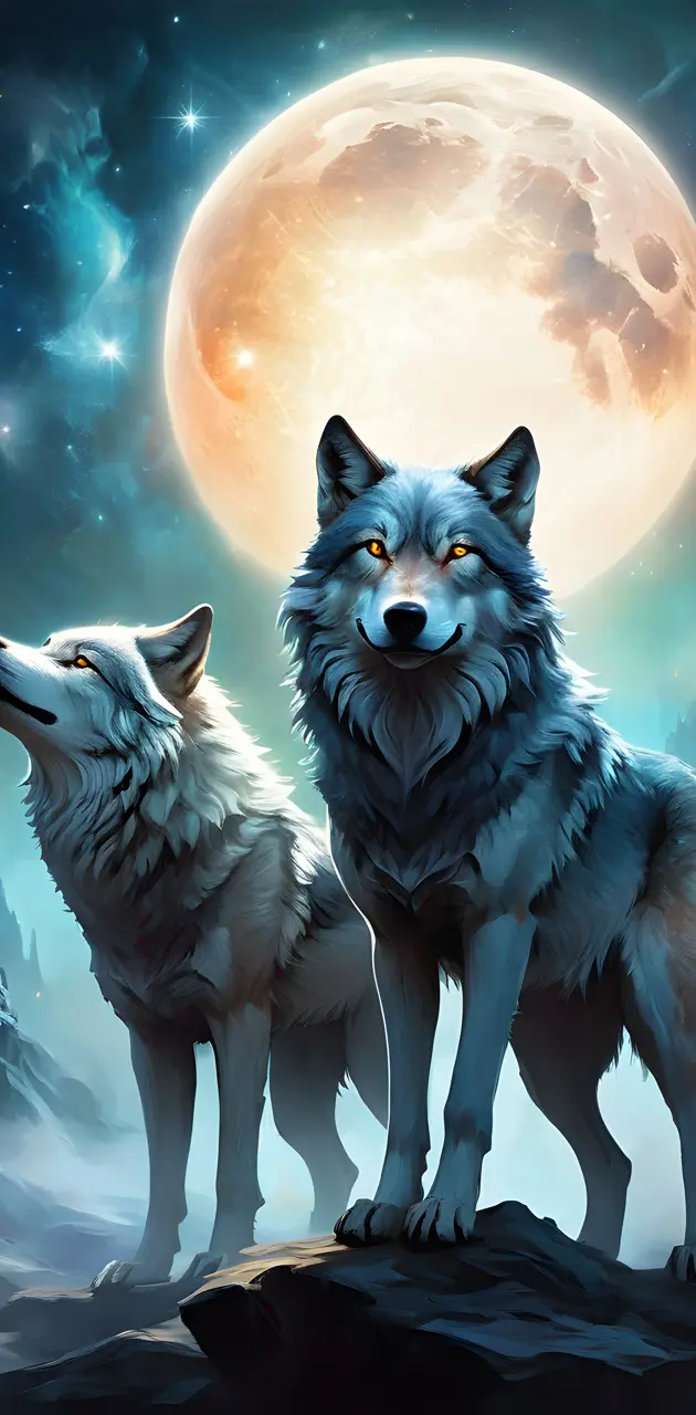 a couple of wolves in front of a full moon