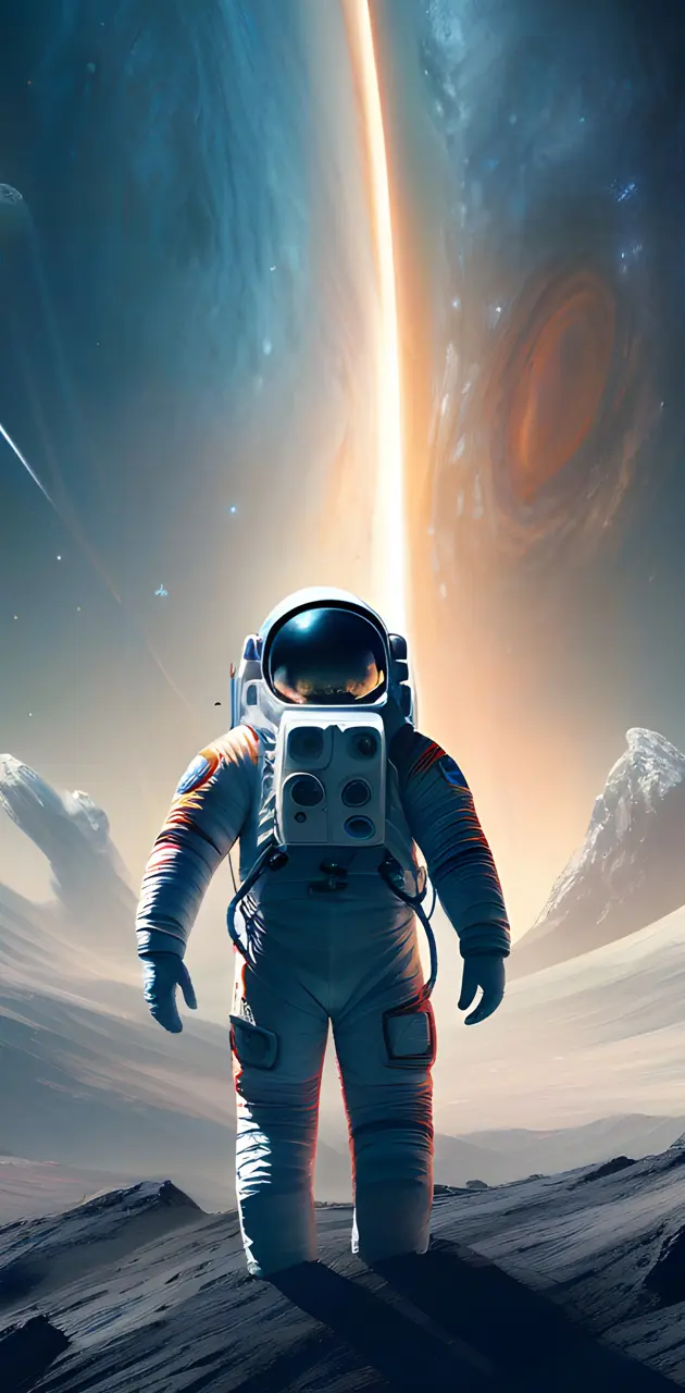 a person in a space suit with a bright light behind him