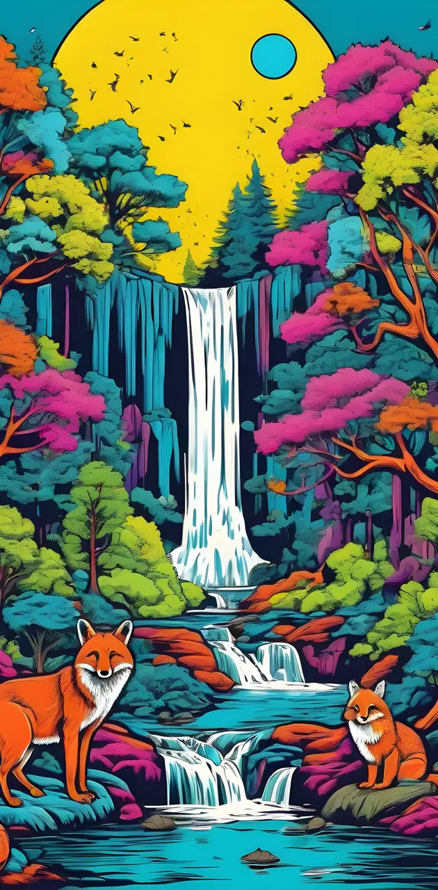 Bright forest with waterfall