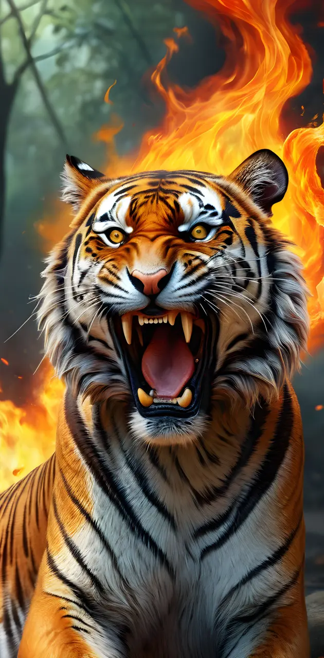 Realistic tiger with fire