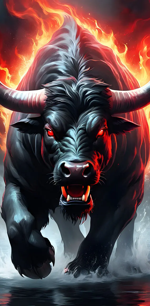 a black bull with red eyes and horns running through water