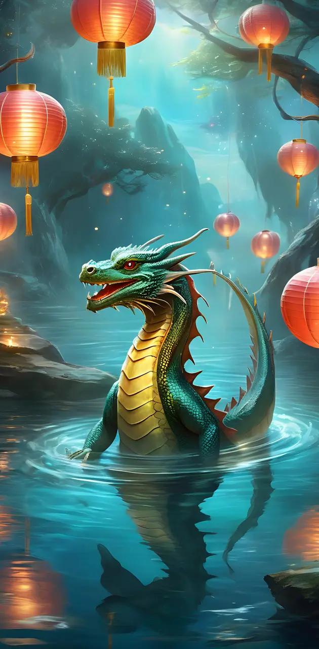 water dragon in the water with lanterns