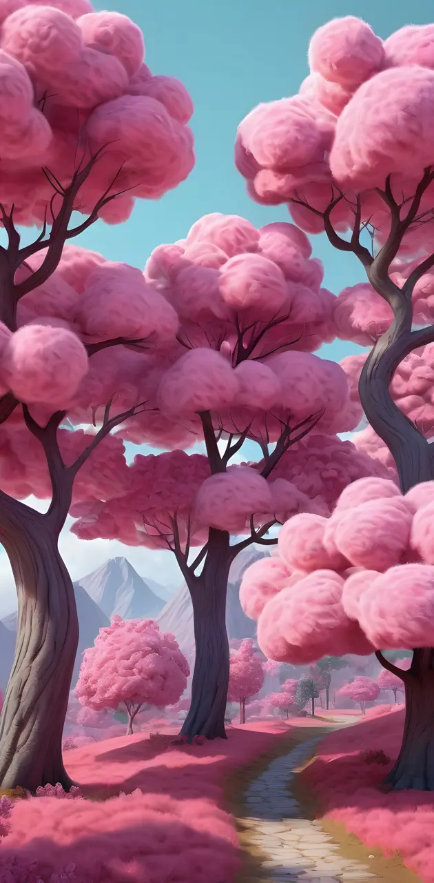 pink fluffy, trees, 3d