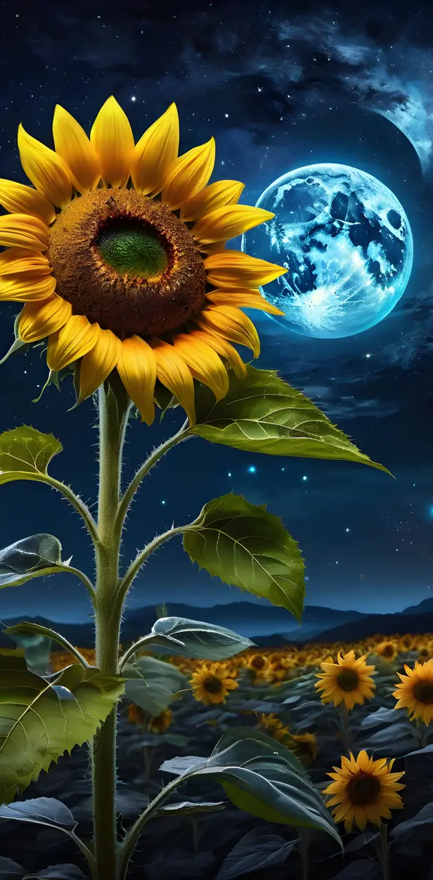 a sunflower with a planet in the background