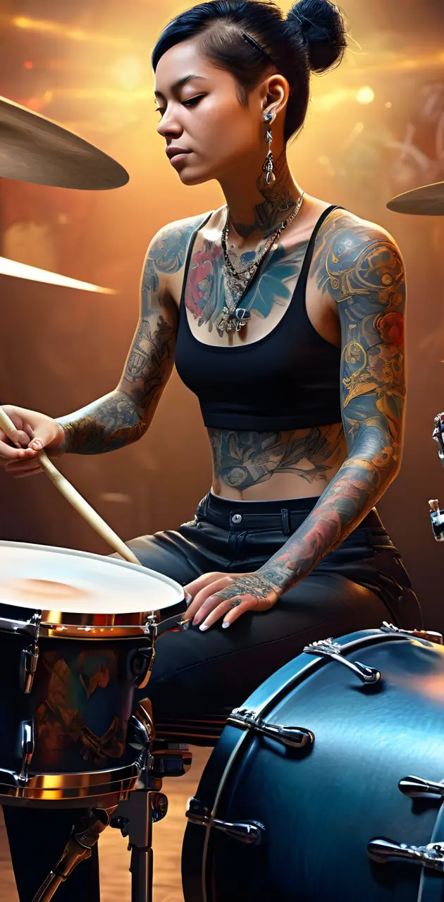 Tattooed woman drumming