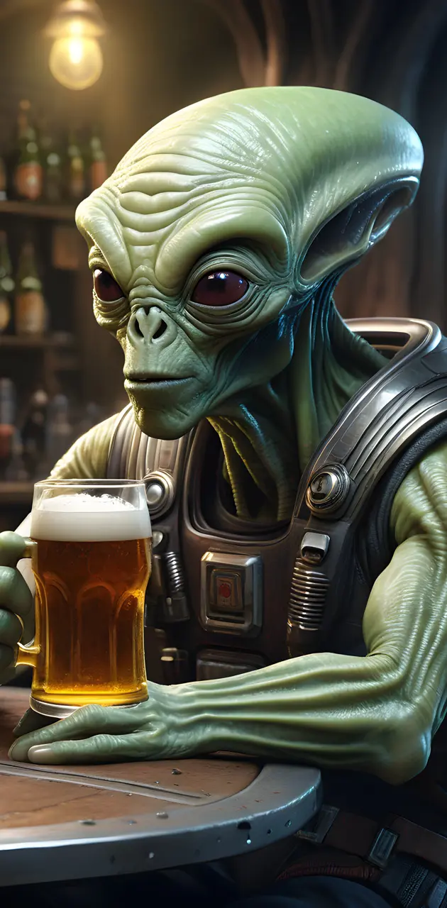 Alien drinking a beer