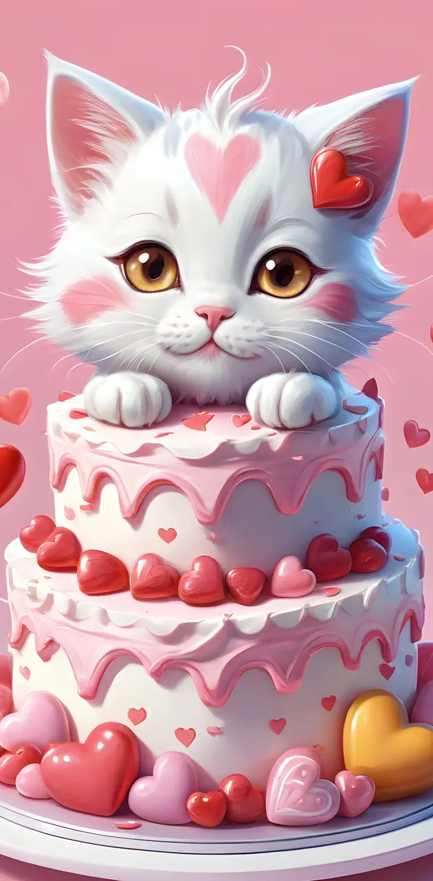 a cat with a pink and white cake