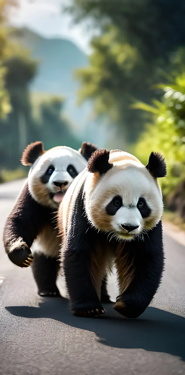 a couple of pandas walking on a road