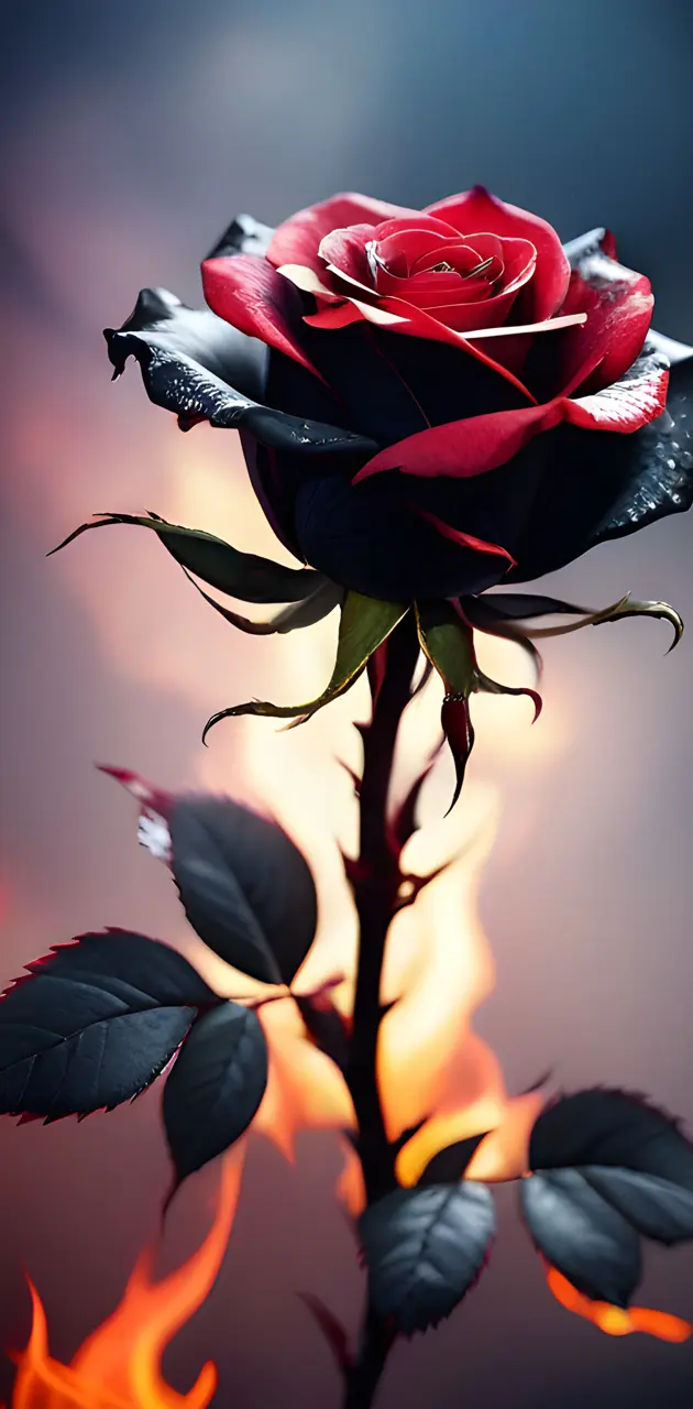 a red rose with a black stem