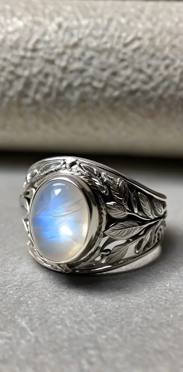 Moonstone on Platinum Band with Leaves