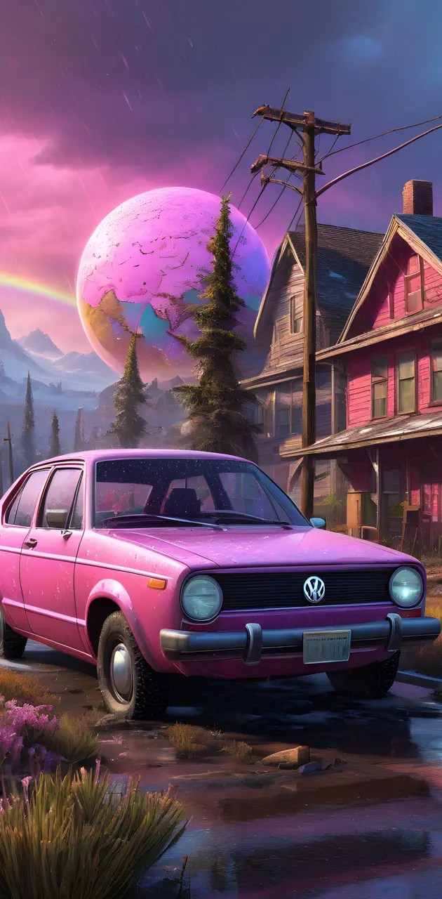 a car parked in front of a house with a large balloon in the air