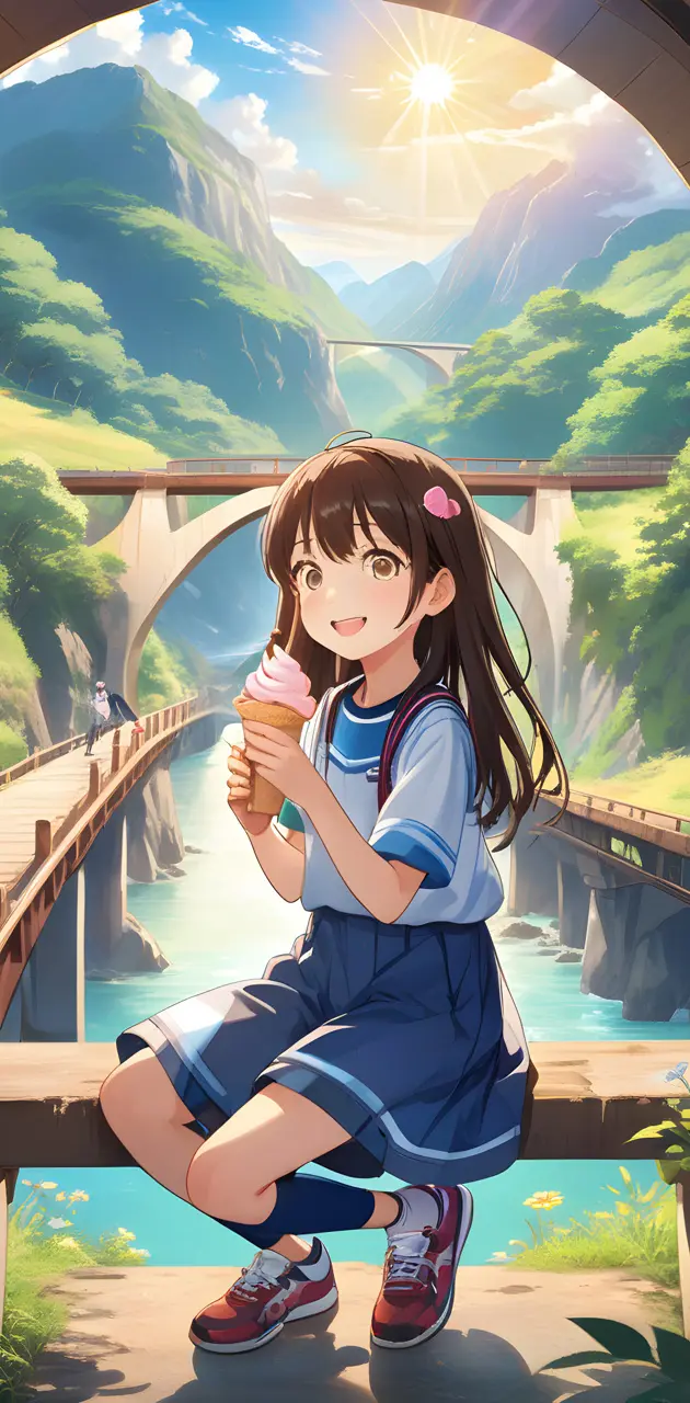 anime girl sitting on a bridge enjoying ice cream