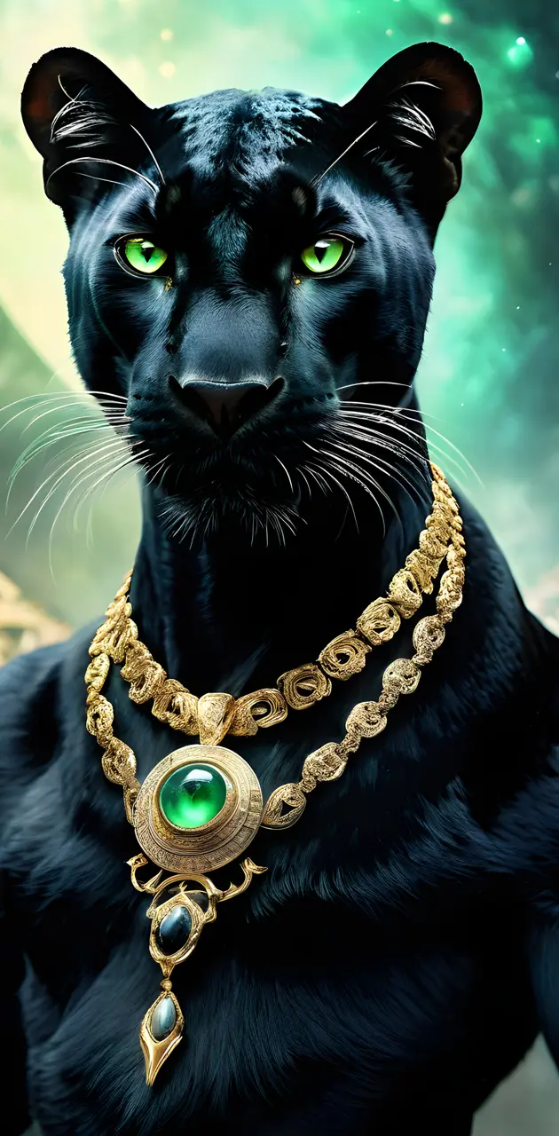 Green Eyed Black Panter With Golden Necklace