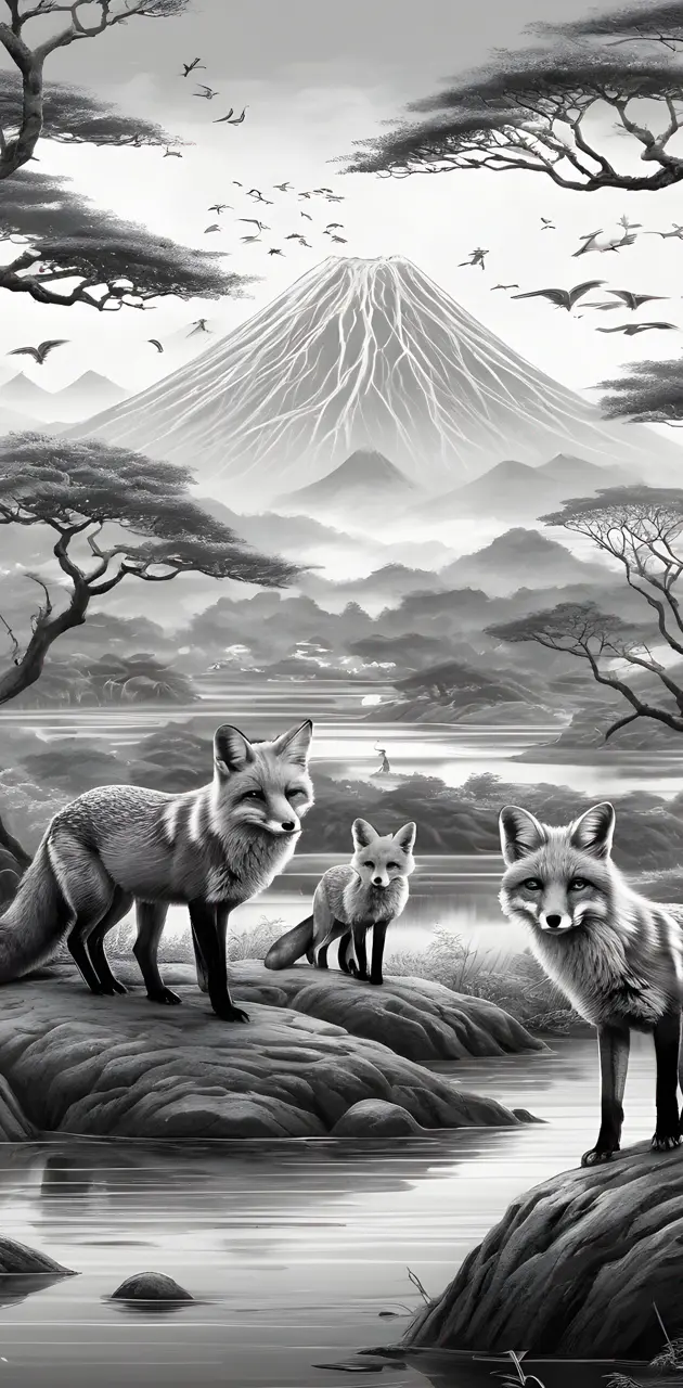 grey scale foxes