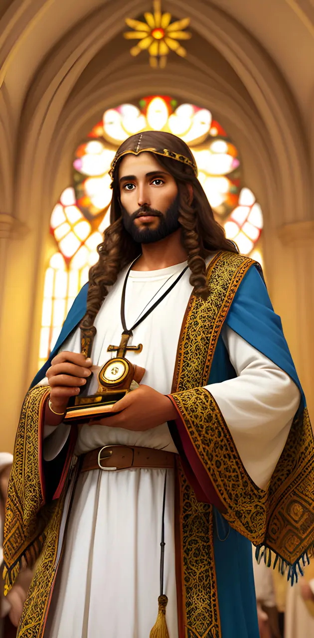 jesus wearing a robe and holding a gold object