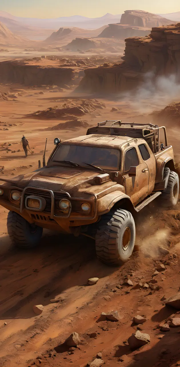 a jeep driving through a desert