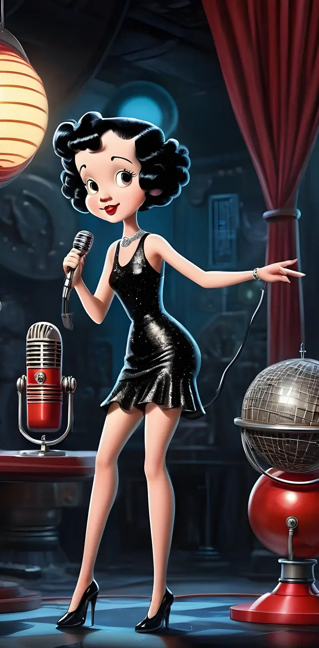 a woman in a black dress holding a microphone