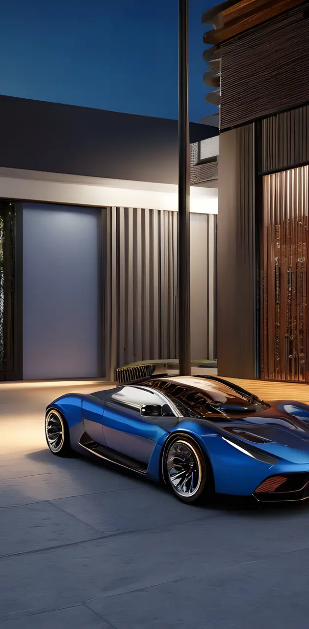 a blue sports car parked outside a building