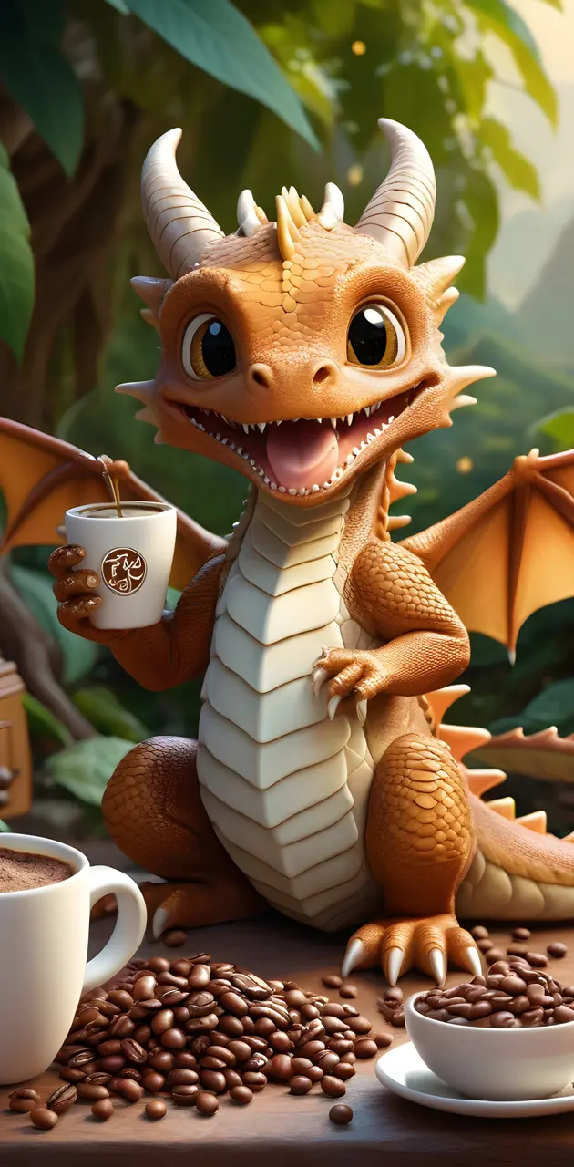 baby dragon drinking coffee