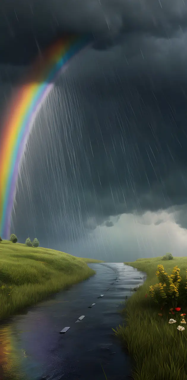 a rainbow over a stream